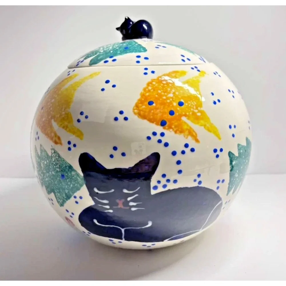 Kitty Dreams Signed Sari Art Pottery Cat Cookie Jar Hand Painted 9.5